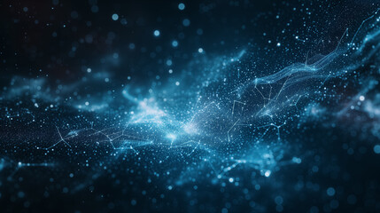 Dynamic blue particle network on a dark background.