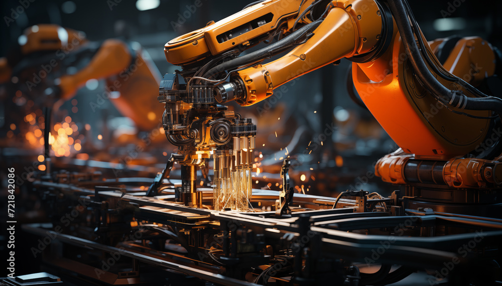 Automated robotic arms creating sparks while precision welding a car ...