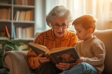 Caucasian grandmother and grandson reading in the living room of her house. International book day