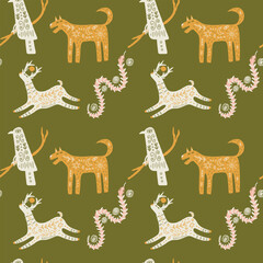 Wall Mural - Folk Animal Deer Wolf Raven Snake Seamless Pattern