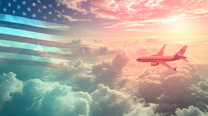 Canvas Print - Airplane Silhouette Over American Flag at Sunset.A dramatic composite image of a commercial airplane silhouette flying over a stylized American flag backdrop during a vibrant sunset.