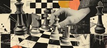 A Hand Strategically Moving Chess Pieces On A Checkered Board, Set Against A Collage Of Abstract Graphics And A Luminous Orange Backdrop, Evoking The Depth Of Strategy In The Timeless Game Of Chess.