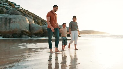 Sticker - Beach, walking and child holding hands with parents for adventure, fun or bonding together. Happy, sunset and boy kid with young mom and dad by ocean on tropical vacation, holiday or weekend trip.