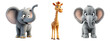 Animated 3d elephant and giraffe isolated on transparent background with multiple options. Animal illustration concept.