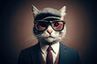 Portrait cute anthropomorphic cat in suit and glasses, furry character on a color background