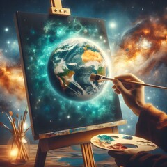 Wall Mural - God hands hold paintbrush painting the earth on cosmic canvas in space