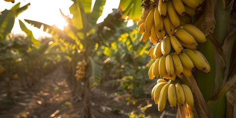 Canvas Print - Sunlit banana cluster on tree in a tropical plantation. vibrant agriculture, fresh produce. natural scenery at golden hour. AI