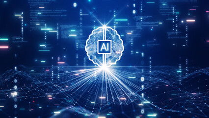 Poster - Artificial Intelligence (AI) technology concept. Big data collection connects with intelligent brains for deep machine learning. Abstract binary code polygons on dark blue background.