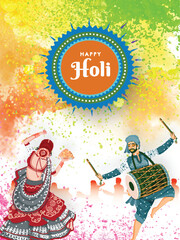 Sticker - Cartoon Indian Female Dancing with Drummer Man, Gulal Bowl (Dry Color) on The Occasion of Happy Holi Celebration. Can Be Used Design as a Template Design.