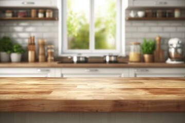 Wall Mural - Empty Beautiful wood table top and blur bokeh modern kitchen interior background in clean and bright, Ready for product montage. generative ai.