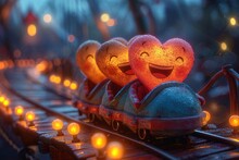 Cartoon Hearts Riding A Roller Coaster With Animated Excitement