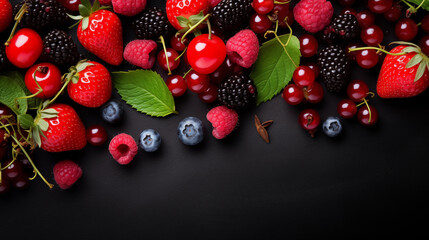 Wall Mural - Healthy mix berries fruits clean eating selection on black background. Cherry, blueberry, raspberry colorful fruits organic food top view flat lay copy space