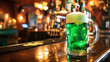 mug of green beer on a table in an Irish pub, copy space