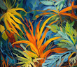 © Arda ALTAY - abstract painting of tropical palm leaves in blue and orange colors.