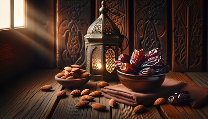 Wall Mural - experience the eid mubarak radiance with this ramadan lantern glow background with dates palm fruits