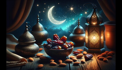 Wall Mural - experience the eid mubarak radiance with this ramadan lantern glow curtain and night sky with a cres