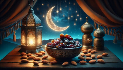 Wall Mural - experience the eid mubarak radiance with this ramadan lantern glow curtain and night sky with a cres