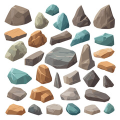 Cartoon big set of rock stones. Isometric 3D flat style stones and rocks. Different boulders set. Various shapes of cobblestones. Vector Illustration. Generative AI.