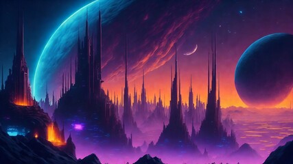 Wall Mural - A stunning celestial cityscape on an alien planet, captivated by the mesmerizing glow of neon hues and cosmic lights that illuminate the evening sky. 