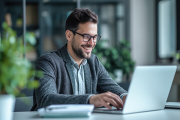 Portrait of a young man sitting at his desk in the office