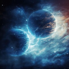 Wall Mural - Nebula and planet in dark blue sky.