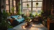 Interior living room nature indoors with lush greenery, hanging plants, wood furniture against exposed brick walls, and large windows framing a verdant garden. biophilic design, urban jungle aesthetic