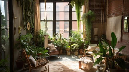 Interior living room nature indoors with lush greenery, hanging plants, wood furniture against exposed brick walls, and large windows framing a verdant garden. biophilic design, urban jungle aesthetic