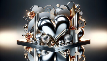 Poster - Valentine's Day geometry design with metallic and mirrored elements. Modern design of chrome heart