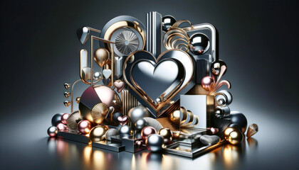 Poster - Valentine's Day geometry design with metallic and mirrored elements. Modern design of chrome heart