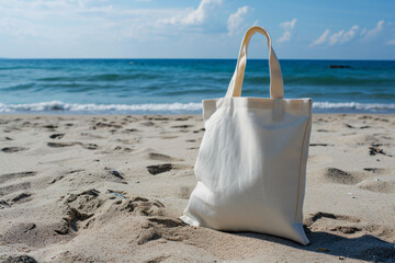 White tote bag on sandy beach with blue ocean in the background. Mockup with copy space. Summer vacation and eco-friendly concept design