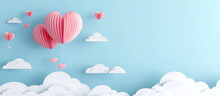 Balllon Heart Paper Cut Desing, On Soft Blue Sky Background, Love, Heart Shape, Valentine's Day