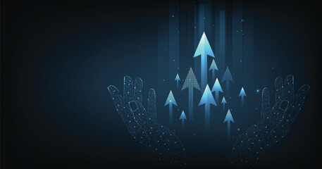 Aufkleber - Growth business and successful with arrow up digital on Hand holding on a dark blue background.Concept of goals to be successful.	