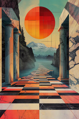 wonderland surrealistic landscape, vintage collage art, generative ai