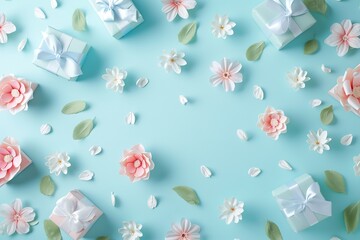  Delicate blue Gift Boxes with White pink Flowers, Soft and Romantic Composition, greeting card, Celebrations and Events, copyspace.