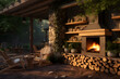 A backyard with a custom built-in firewood storage