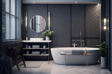 Poster - A bathroom featuring a mix of textured stone and glass tile