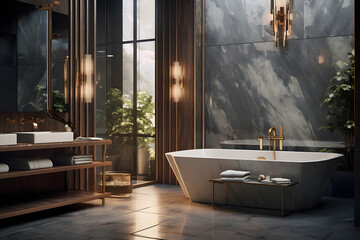 Wall Mural - A bathroom featuring a mix of textured stone and glass tile