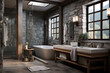 A bathroom featuring a mix of textured stone and glass tile
