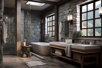 Canvas Print - A bathroom featuring a mix of textured stone and glass tile