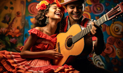 Joyful Mexican couple in traditional attire, a woman dancing in a vibrant red dress and a man serenading with a guitar against a colorful mural backdrop