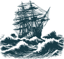 Old Wooden Sailing Ship In Harsh Weather Vector Engraving On White