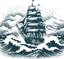 Age-old Wooden Sailing Ship Braving A Gale Vector Artwork On White