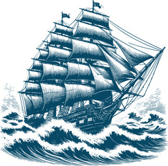 Poster - Sailboat crafted from wood braving a storm vector illustration on white backdrop