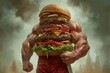 A towering bodybuilder devours a massive fast food hamburger, indulging in a guilty pleasure amidst the outdoor scenery