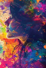 A Woman Finds Inner Peace Amidst A Vibrant Storm Of Abstract Colors, Her Closed Eyes Immersed In The Beauty Of Modern Art