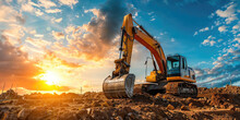 A Solitary Excavator Stands On A Dirt Construction Site, Silhouetted Against A Stunning Sunset Sky With Clouds.
