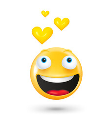 Poster - Yellow cute emoji face with yellow hearts. Romantic concept. 3d vector illustration 
