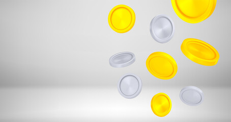 Poster - Gold and silver coins falling down. Jackpot concept. 3d vector banner with copy space