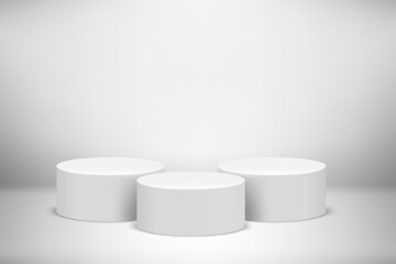 Poster - Bright studio with three stand. Vector 3d illustration with copy space
