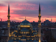 New Mosque (Yeni Cami) And Hagia Sophia (Ayasofya) Mosque In The Magnificent Sunrise Colorful  Drone Photo, Eminonu Fatih, Istanbul Turkiye (Turkey)